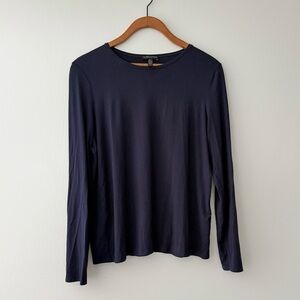 Eileen Fisher Petite Large Navy Blue Long Sleeve Crew Neck Top